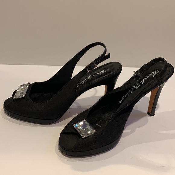 Beverly Feldman Linen/Leather Platform Slingback Heel Faux Diamond Stone Size 8 - Picture 5 of 6